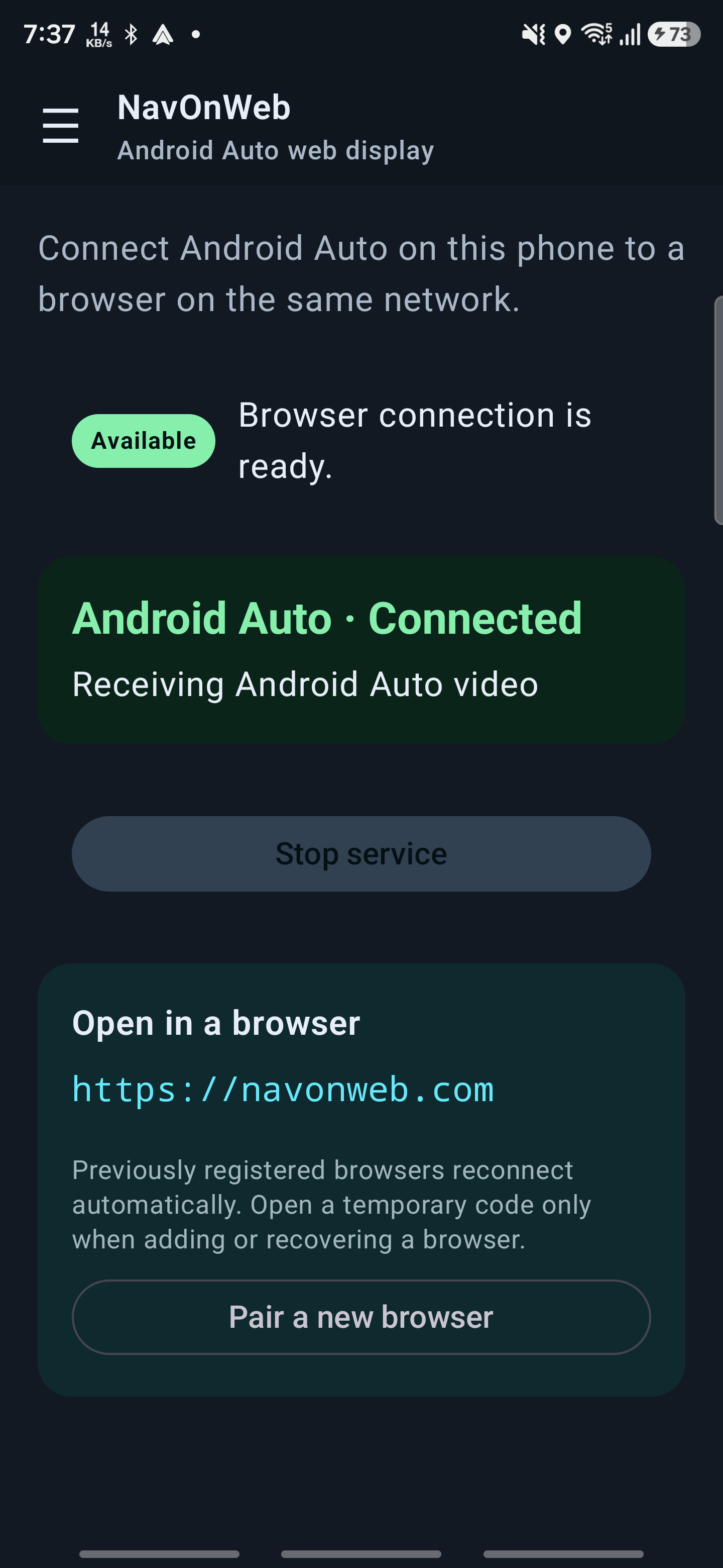 NavOnWeb Premium service running screen